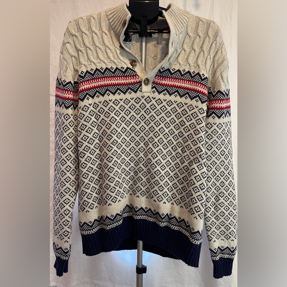 Men’s Izod Fair Isle Sweater Beige W/Navy & Red XXL